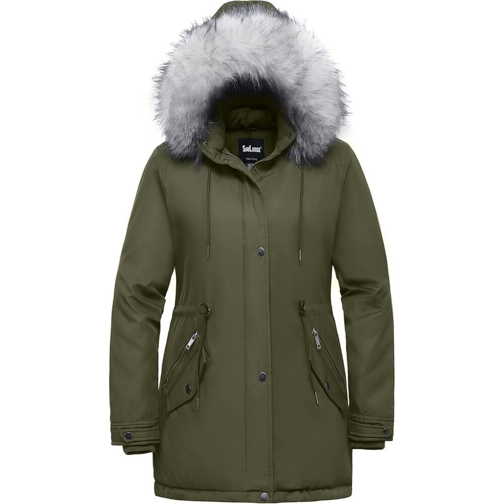 Women's Winter Green Faux Fur Hood Jacket Coat Zip Up Flap Pockets Designed